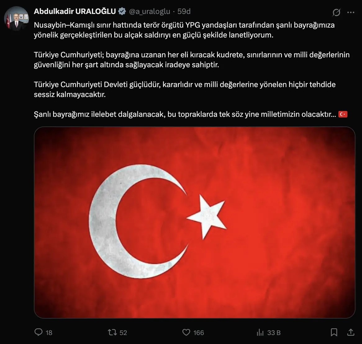 abdülkadir uraloğlu bayrak saldırısı kınama mesajı