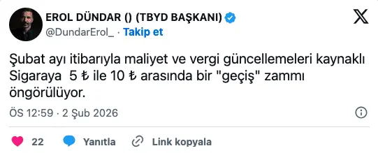 erol dündar zam sigara şubat